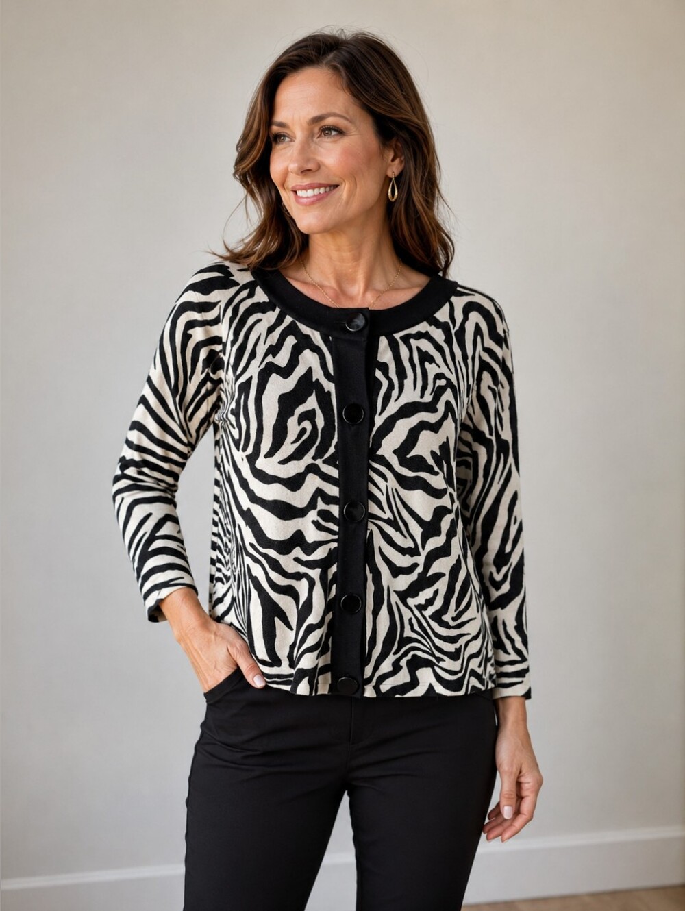 Cable & Gauge Women’s Sweater Cardigan Black Cream Zebra Print Cotton Size XL
